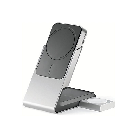 Silberne 2-in-1 Ladestation für Smartphone und Smartwatch auf weißem Hintergrund.
