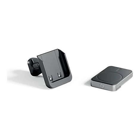 Schwarze Autohalterung und magnetisches kabelloses Ladegerät in modernem Design auf weißem Grund.