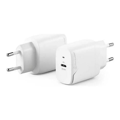 Zwei weiße USB-C-Netzladegeräte mit 20W Power Delivery vor weißem Hintergrund.