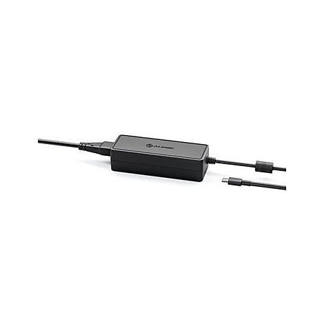 Schwarzes Netzteil mit USB-C-Kabel und Logo vor weißem Hintergrund.