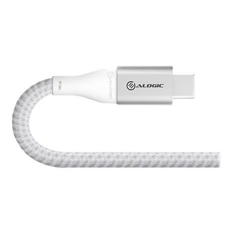 USB-C Stecker mit weißem Textilkabel und silbernem Gehäuse, auf dem das Alogic-Logo gedruckt ist.