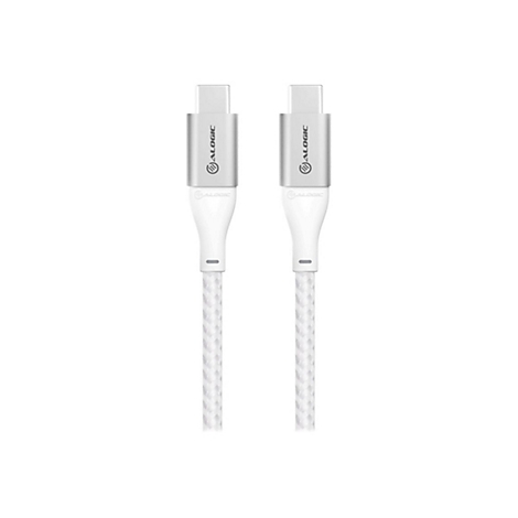 Zwei identische USB-C-Kabel mit silbernen Steckern und weißem Textilmantel, beide mit dem Alogic-Logo.