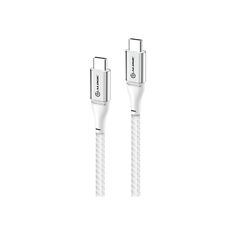 Zwei weiße USB-C-Kabelenden mit silbernem Steckergehäuse und eingeprägtem Alogic-Logo vor weißem Hintergrund.