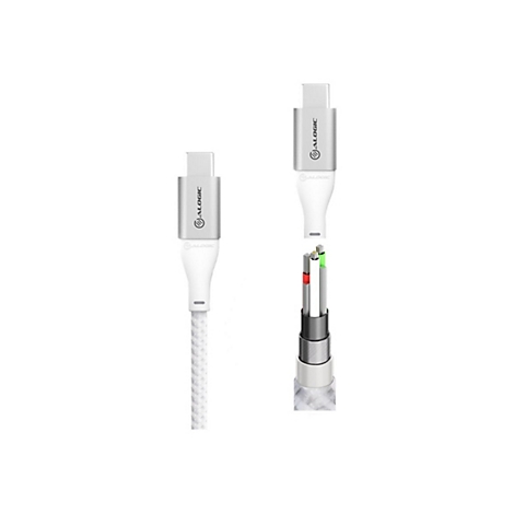 USB-C-Kabel mit Aluminiumstecker und Detailansicht des inneren Kabelaufbaus vor weißem Hintergrund.