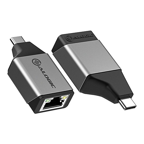 Zwei graue Alogic USB-C-auf-Ethernet-Adapter vor weißem Hintergrund.