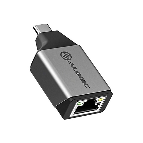 Ein silberner USB-C-auf-Ethernet-Adapter von Alogic mit schwarzem Kunststoffende und leuchtenden LEDs.