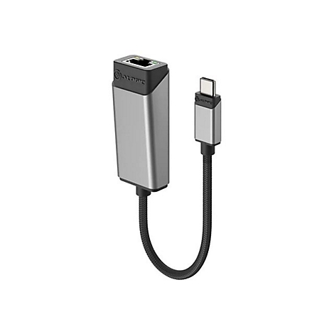 Silberner USB-C auf Gigabit Ethernet Adapter von Alogic mit schwarzem, stoffummanteltem Kabel vor weißem Hintergrund.