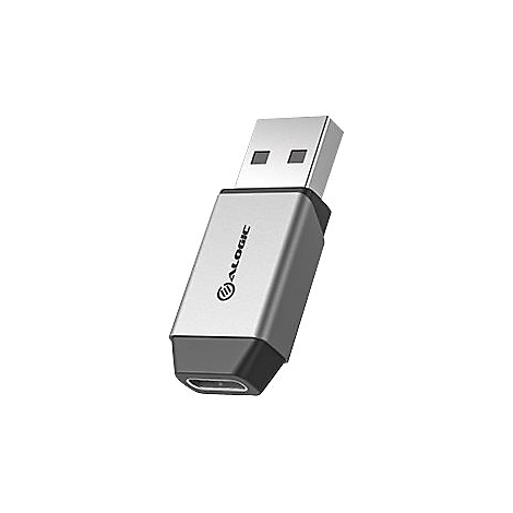 Ein silberner Alogic USB-A auf USB-C Adapter vor weißem Hintergrund.