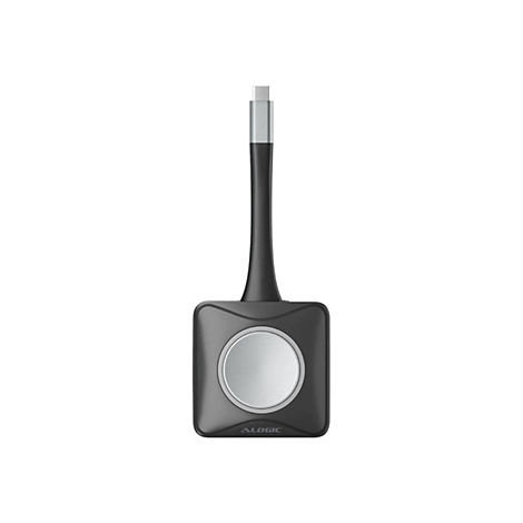Schwarzer USB-C-Adapter mit quadratischem Design und rundem silbernem Anschluss auf weißem Hintergrund.