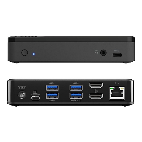Schwarze Computer-Dockingstation mit AnschlÃ¼ssen fÃ¼r USB, HDMI, Ethernet und Audio.