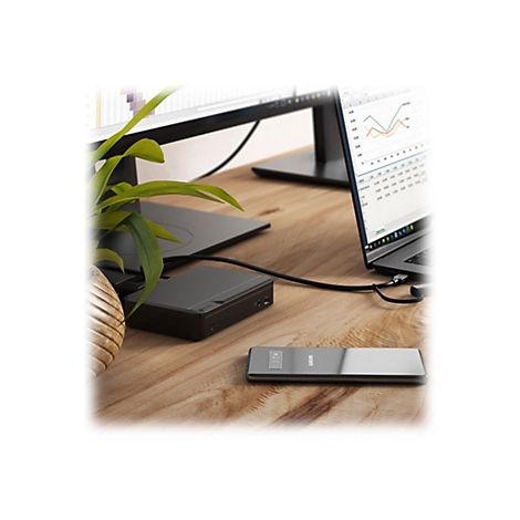 Schwarzer Hub auf Holzschreibtisch. Im Hintergrund ein Monitor, ein Laptop, eine Pflanze.