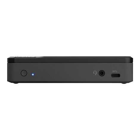 Grauer Medienplayer, Knopf mit blauem Licht, KopfhÃ¶reranschluss, USB-C-Anschluss, Seitenansicht.