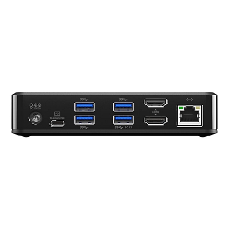 Schwarzer Hub mit verschiedenen AnschlÃ¼ssen, u. a. USB, HDMI und Ethernet. Aufschrift: DC 20V/3A.