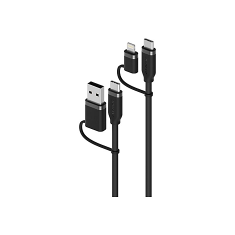 Schwarzes Ladekabel mit mehreren Anschlüssen, darunter USB-A, USB-C und Lightning, vor weißem Hintergrund.