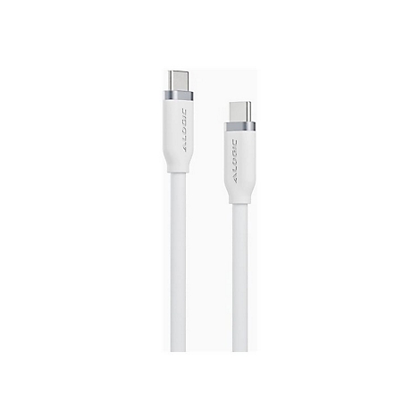 Zwei weiße USB-C Kabelenden mit silbernem Ring und ALOGIC Schriftzug vor weißem Hintergrund.