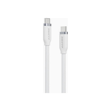 Zwei weiße USB-C-Kabelenden mit silbernen Steckern und ALOGIC-Logo vor weißem Hintergrund.