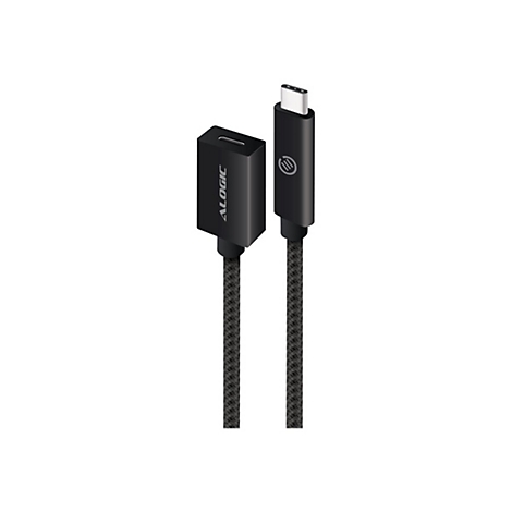 Schwarzes USB-C-Verlängerungskabel mit Alogic-Branding vor neutralem Hintergrund.