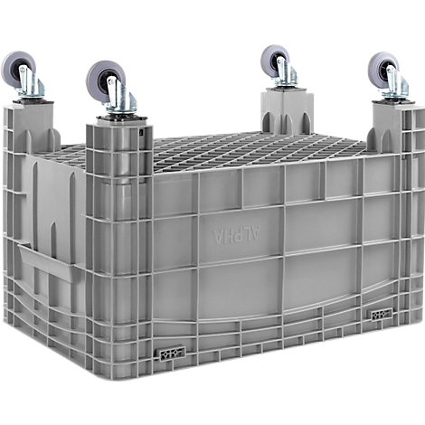 Boîte en plastique grise avec roues, le texte ALPHA est visible.