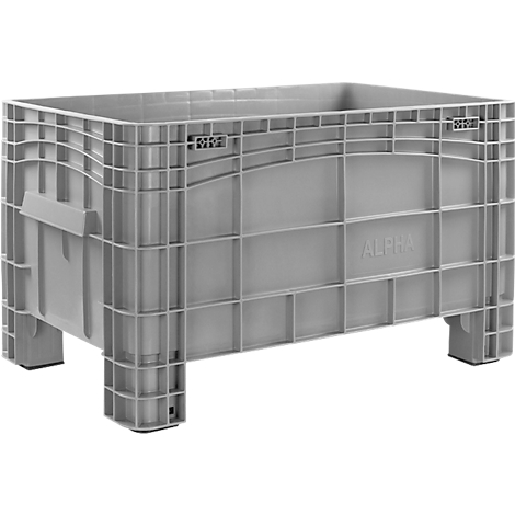 Bac en plastique gris avec lettrage ALPHA sur le côté. Forme rectangulaire, debout sur de grands pieds.
