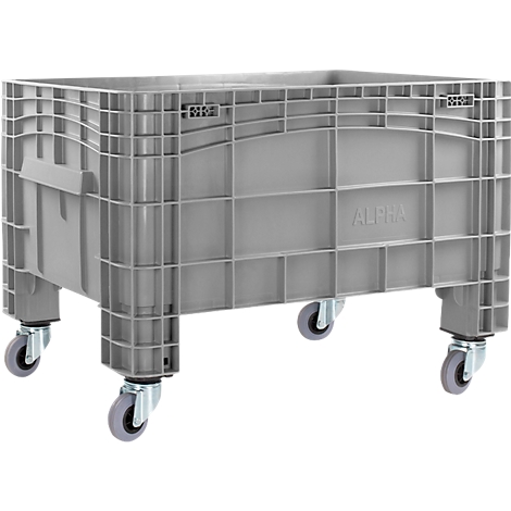 Graue Kunststoffbox auf Rollen. Auf der Seite steht 'ALPHA'.