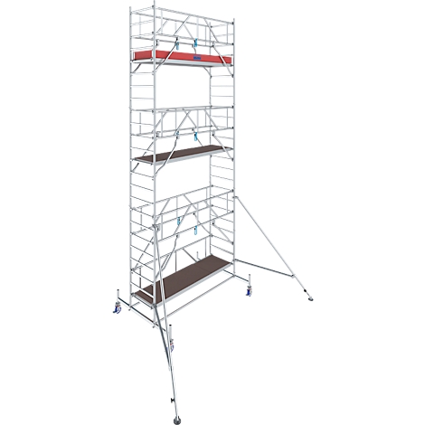 Ein hohes, mobiles Gerüst aus Metall. Es hat mehrere Plattformen und ist mit Rädern ausgestattet.