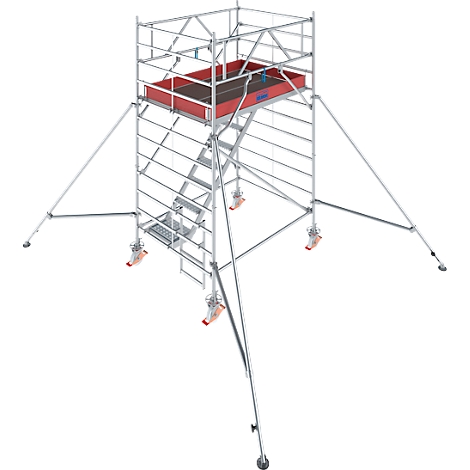 Gerüst aus Metall, rot abgesetzte Plattform, stabile Konstruktion.