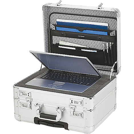 Opened silver briefcase with laptop, documents and pens.