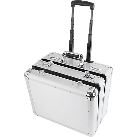 Silver trolley suitcase with extendable handle and combination locks.