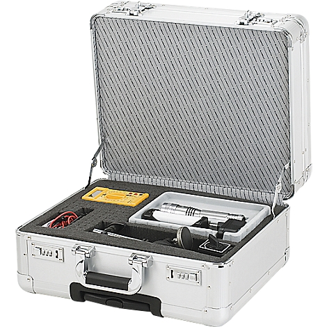 Open silver tool case with measuring instruments, cables, and other accessories.