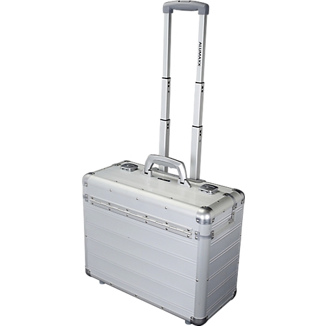 Silver trolley case, handle extended.