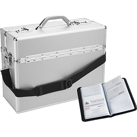 Silver briefcase with black strap and business card case. Handle and closures with a metallic sheen.