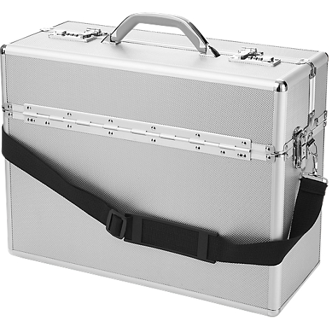 Silver makeup case with handle, buckles, and black shoulder strap.