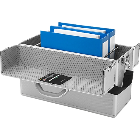 Silver briefcase with blue folders, open. A black card is inside.