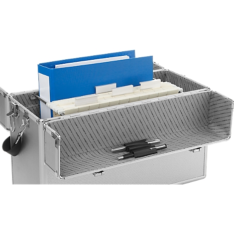 Open silver briefcase with blue file, folders, pens. Grey inner lining.