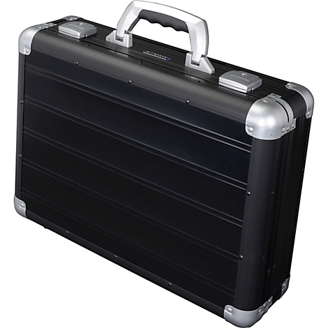 Black briefcase with silver corners, handle, and locks.