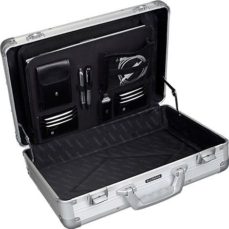 Open silver briefcase, interior with black lining and compartments.