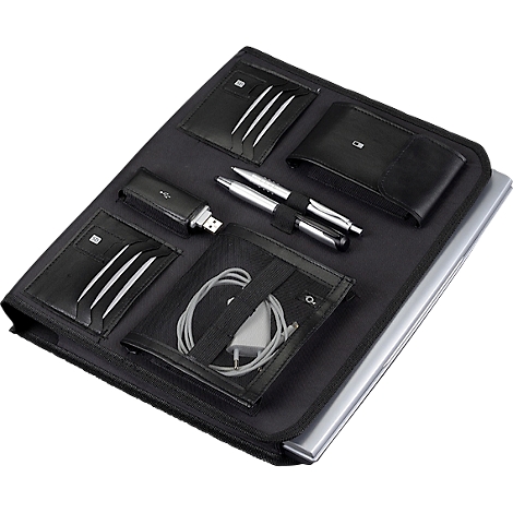 Black document folder with pens, USB stick, card slots, power adapter, and cables.