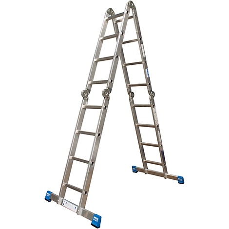 An A-frame aluminum ladder with blue feet. The ladder stands on a white background.