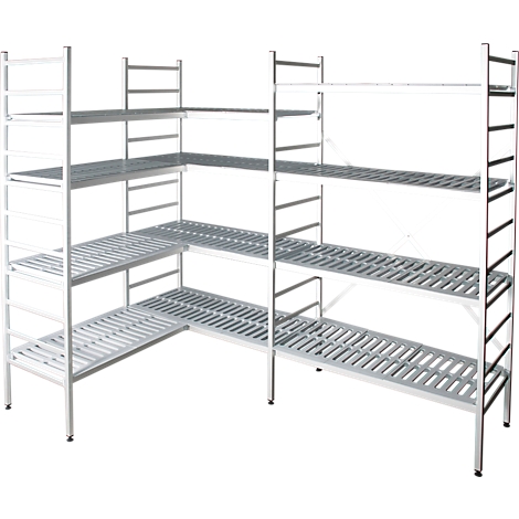 A multi-part, white corner shelf with multiple shelves. The shelves are perforated.