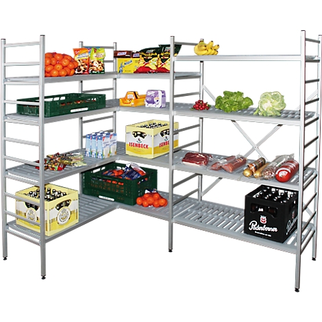 A silver shelving system filled with groceries including fruits, vegetables, drinks, and packaged goods. Ideal for storage.
