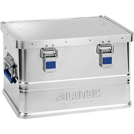 Silver transport box with blue clasps and handles. Inscription "ALUTEC".