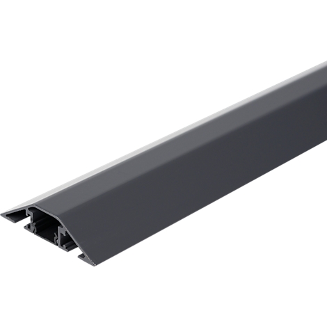 Gray cable duct profile, viewed at an angle from the side. It has an angular shape and is made of metal.