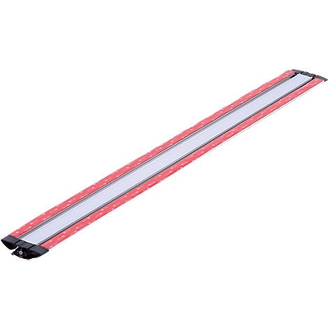 An elongated LED light strip, red border, white stripe in the middle, black ends.