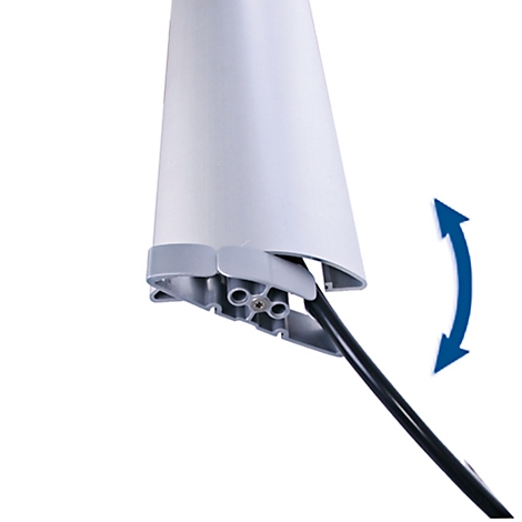 Close-up of the lower half of a white, conical structure, connected to a black cable. A blue arrow indicates movement.