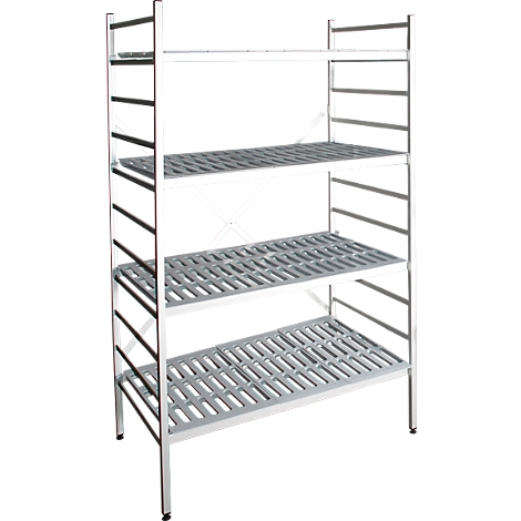 Four-tiered shelf with silver metal frame. Each shelf has a perforated bottom.
