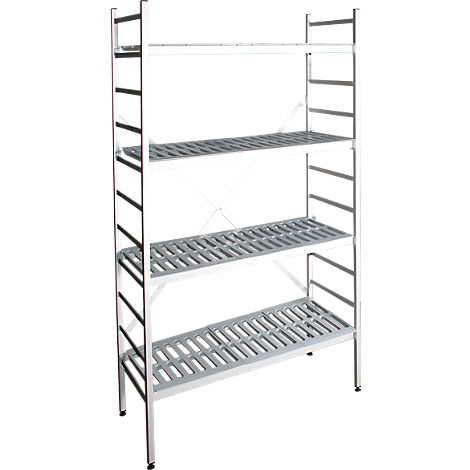 Gray metal shelf with four levels, held by metal struts. Shelves are slotted to allow air circulation.