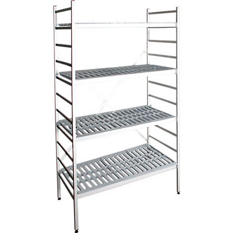 A metal shelf with four shelves connected by vertical bars. The shelves are perforated.
