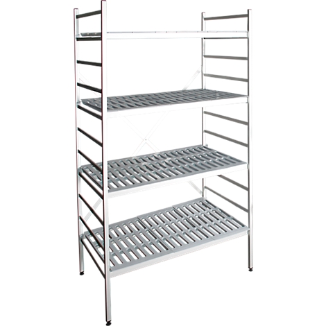 A metal shelf with four wire shelves. The shelf is set against a white background.
