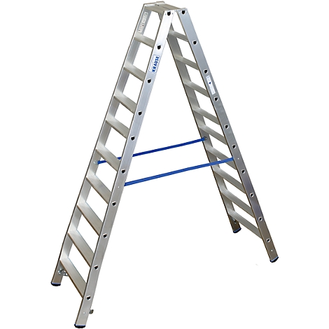 A-shaped silver ladder with blue struts. The ladder stands open against a white background.