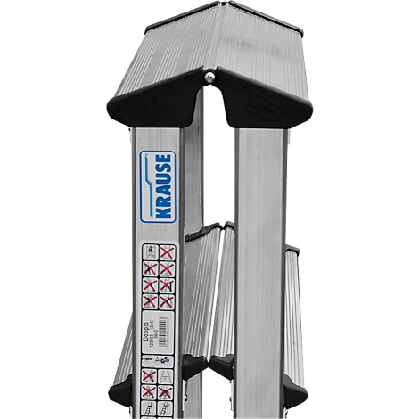 A silver Krause ladder with black details. The ladder displays the logo and warning signs.